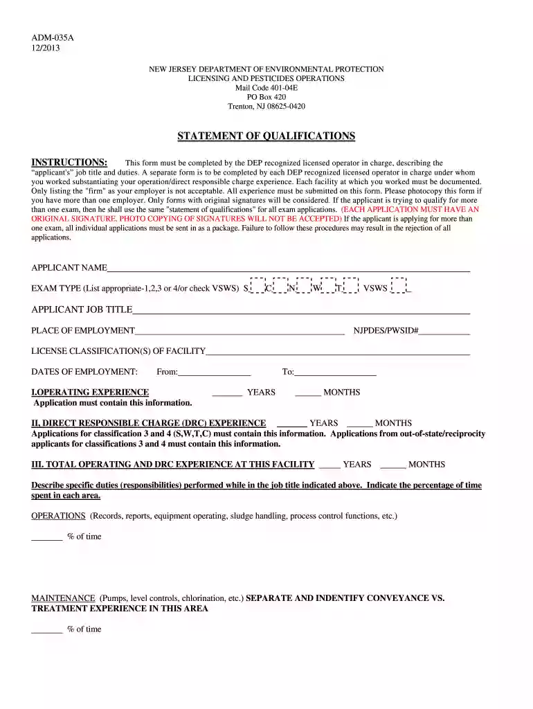 Statement of Qualifications ADM-035A - State of New Jersey - nj Preview on Page 1
