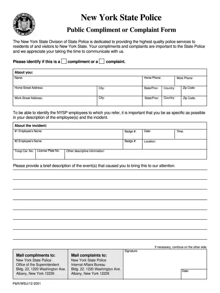 ny compliment complaint form Preview on Page 1
