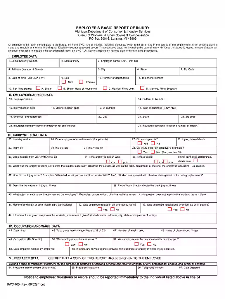 bwc 100 form 2002 Preview on Page 1