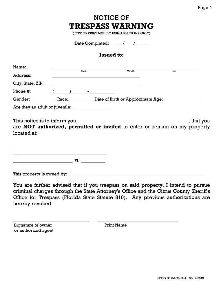 trespass notice template uk Preview on Page 1