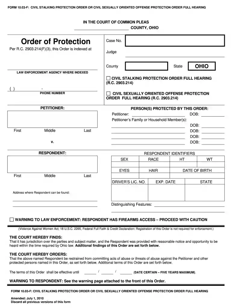 ohio restraining order form Preview on Page 1
