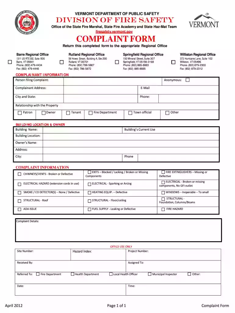 vermont fire complaint Preview on Page 1