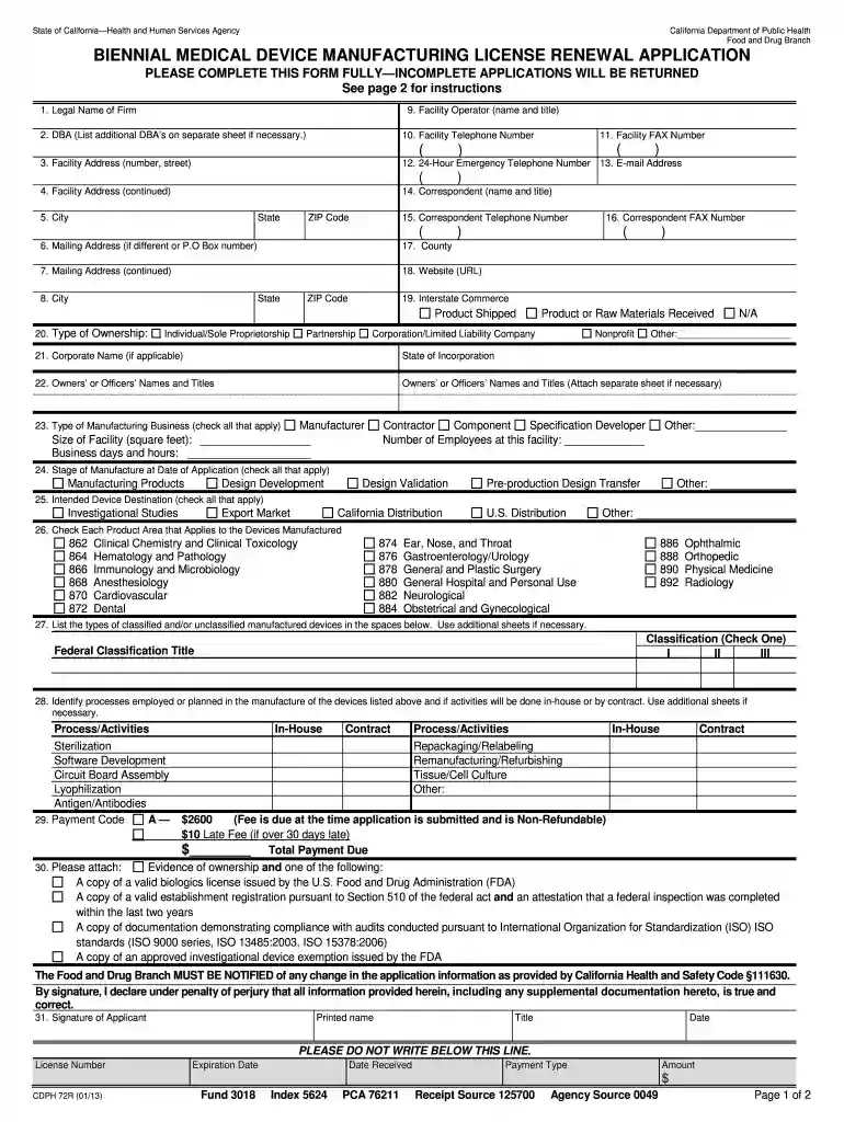 biennial medical device manufacturing license renewal application 2009 form Preview on Page 1