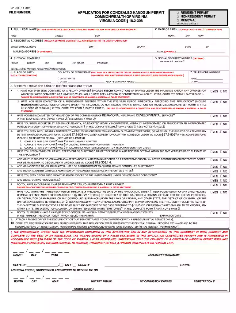 Virginia fillable concealed carry permit application 2011 form Preview on Page 1