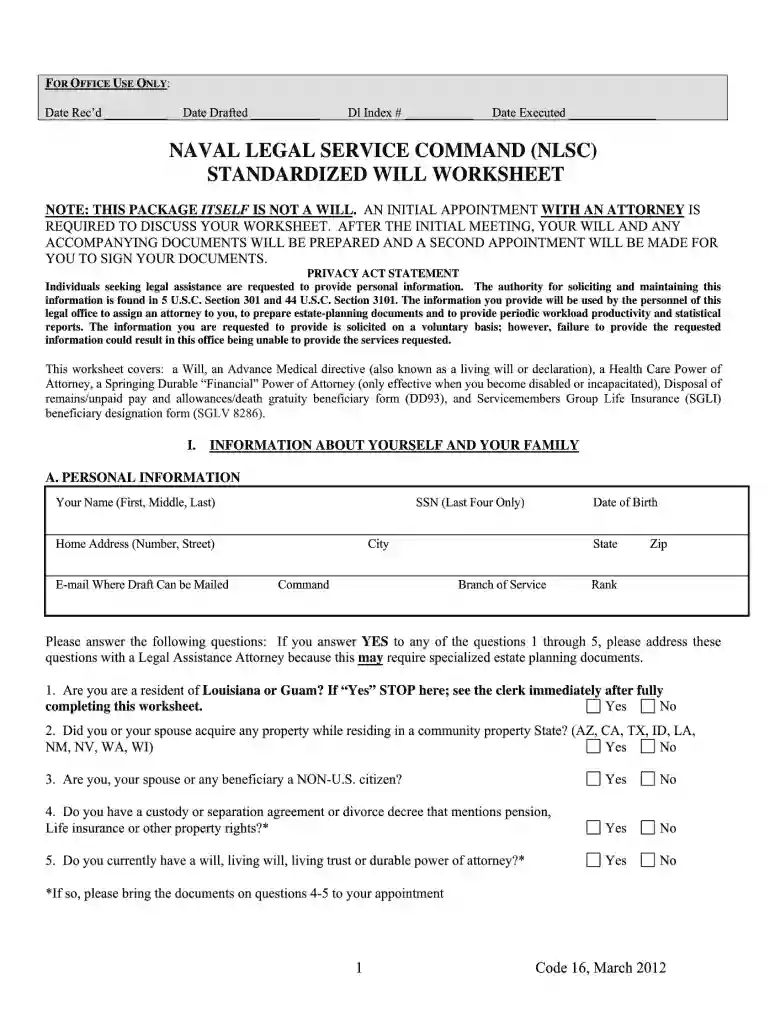 naval legal service command standardized will worksheet 2012 form Preview on Page 1