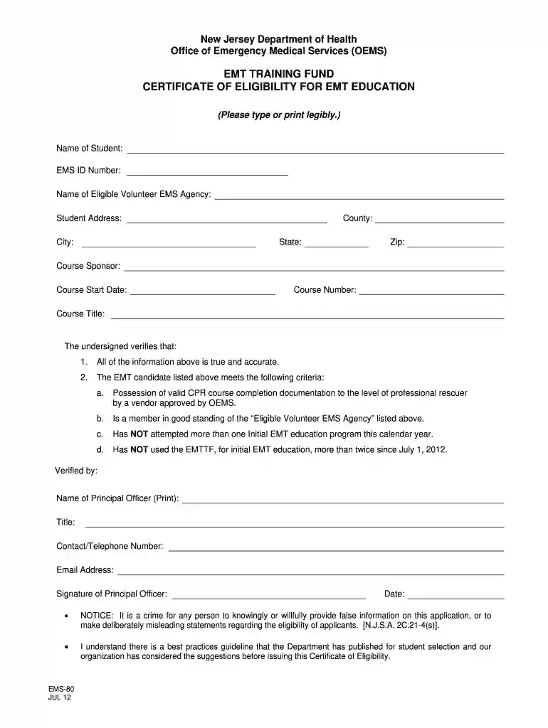 nj emt training fund form Preview on Page 1
