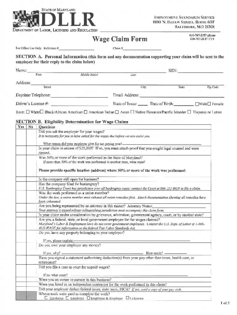 maryland wage claim form Preview on Page 1