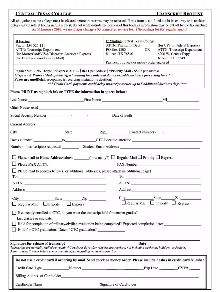 central texas college transcript Preview on Page 1