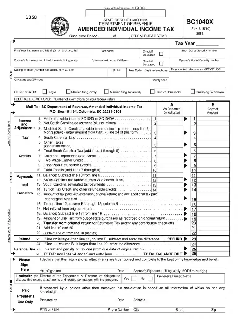 sc tax amended return 2010 form Preview on Page 1