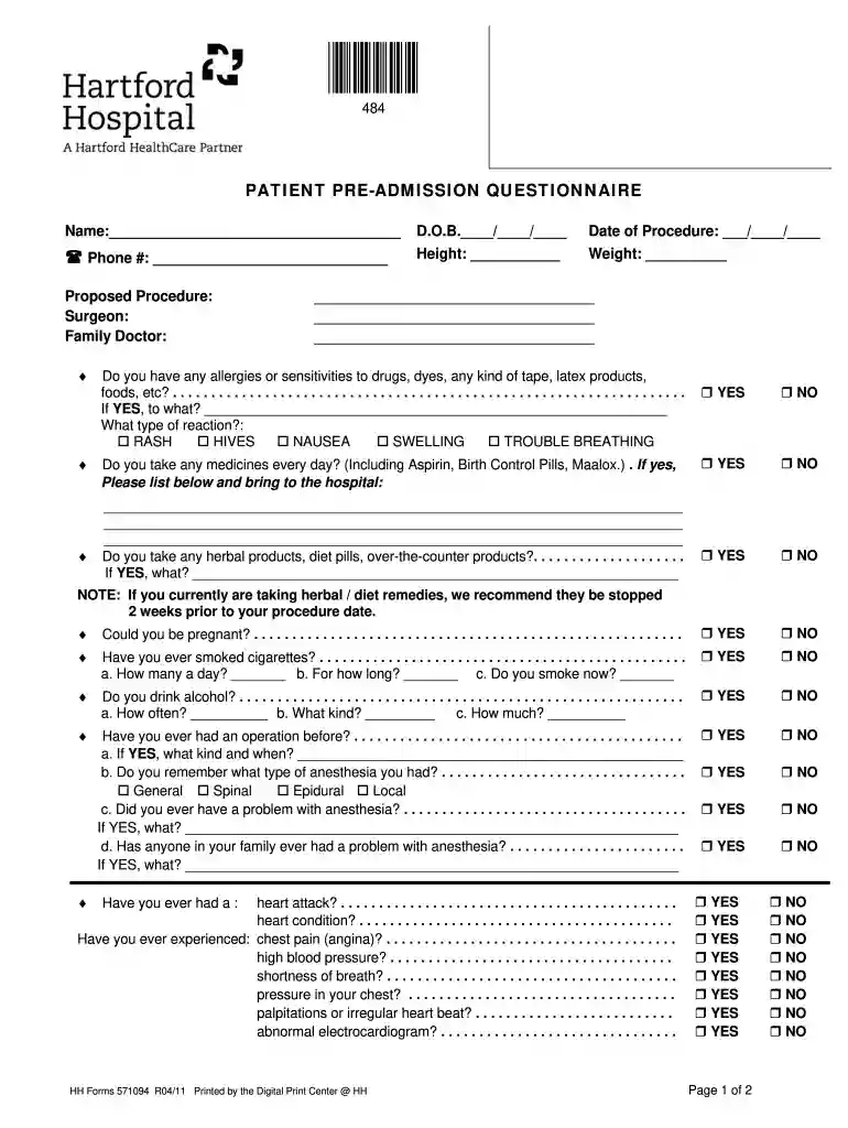 hospital admission questionnaire Preview on Page 1