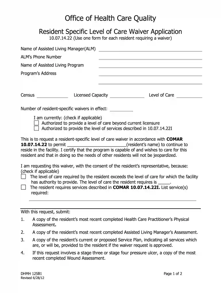 resident specific care application printable Preview on Page 1