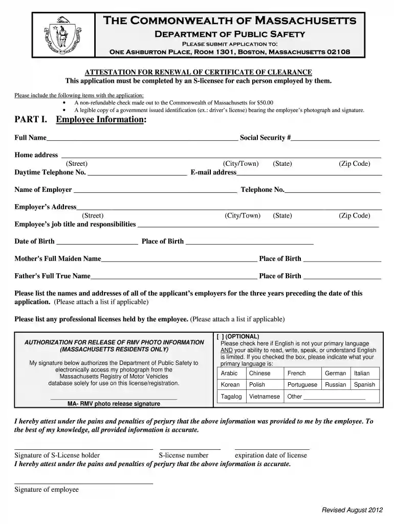 mass certificate of clearance 2012 form Preview on Page 1