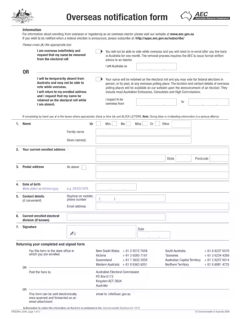 aec overseas notification form online Preview on Page 1