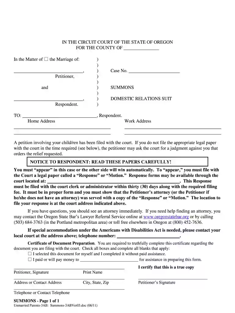oregon summons form Preview on Page 1