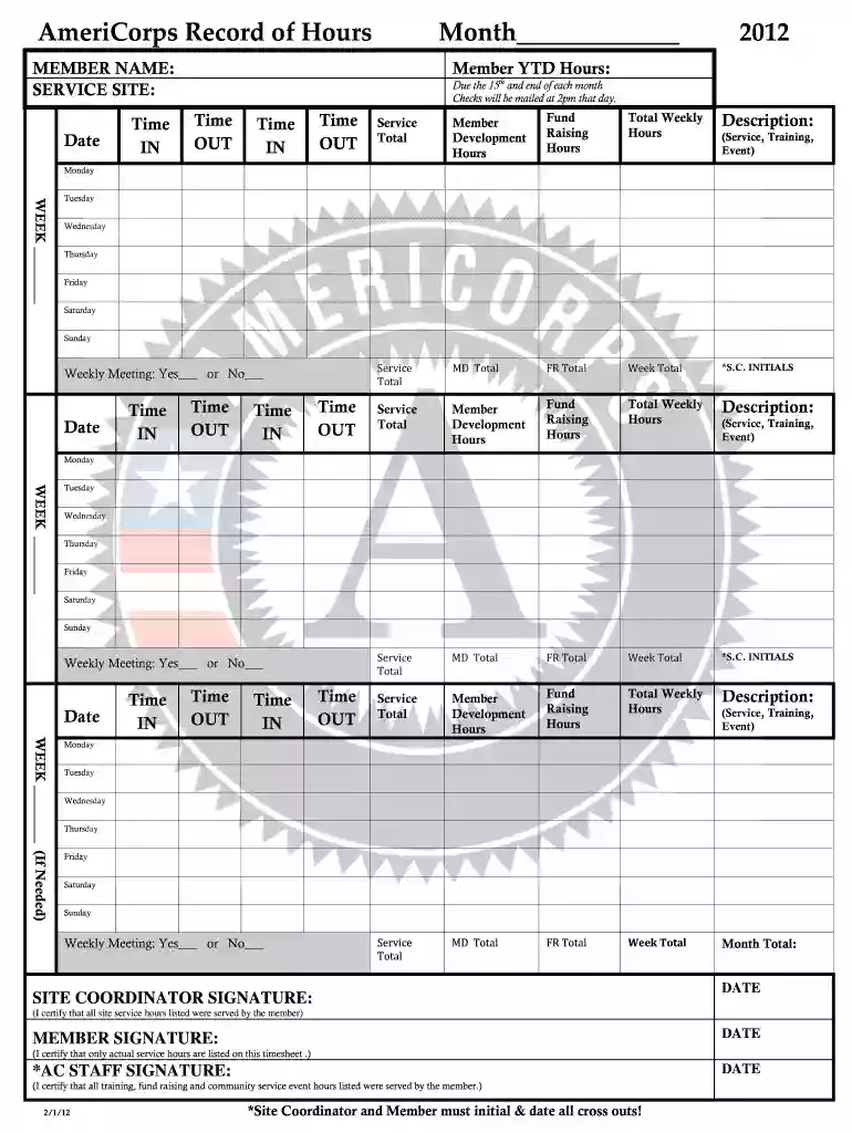 americorps timesheet Preview on Page 1
