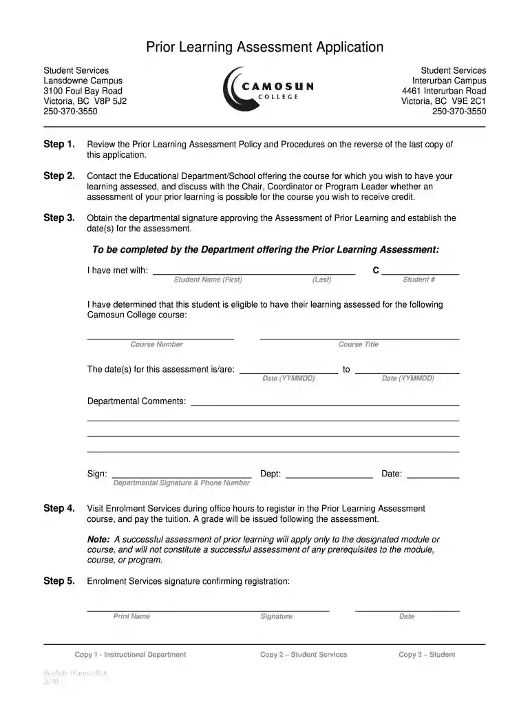 Prior Learning Assessment Application Form - Camosun College Preview on Page 1
