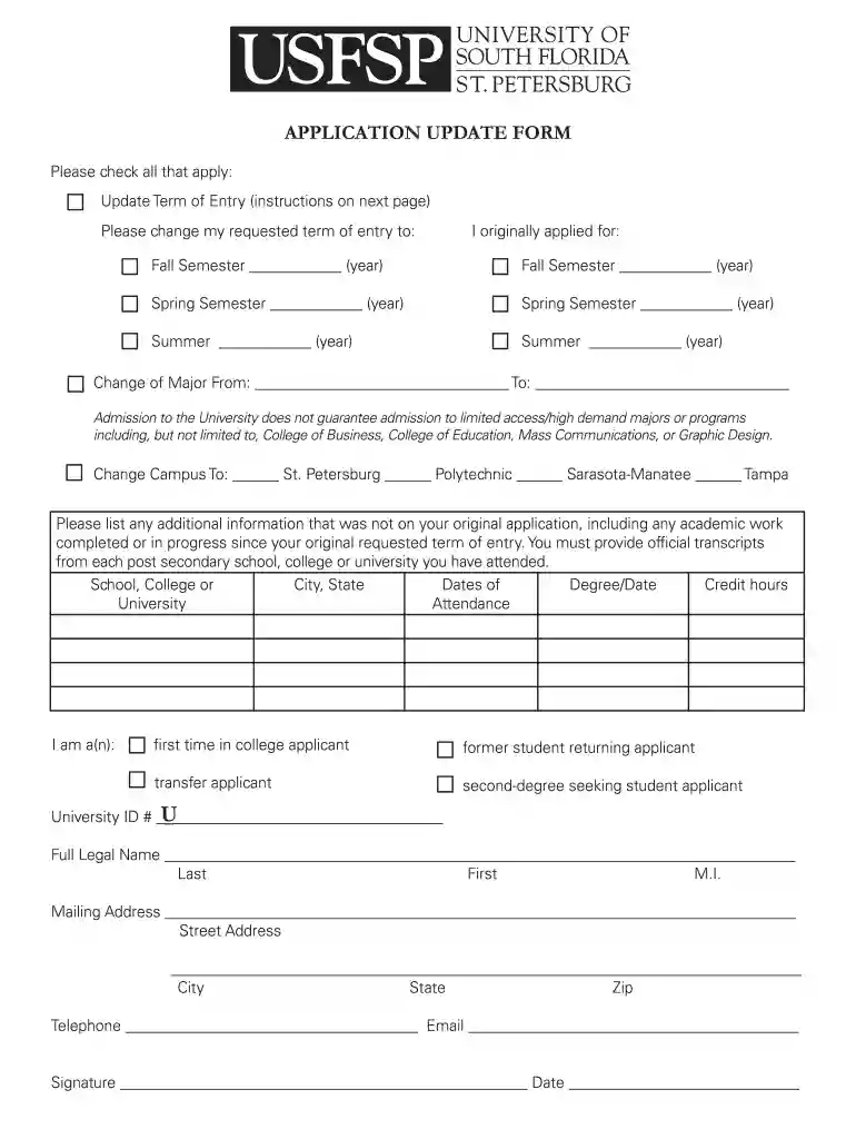 usfsp application update form 2012 Preview on Page 1