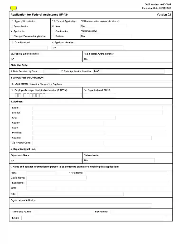 Sf 424 version 20 fillable form Preview on Page 1