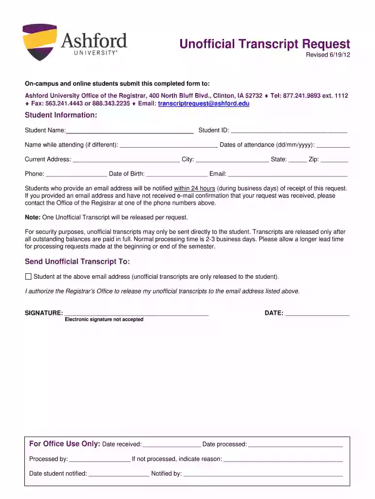 ashford university transcript request Preview on Page 1