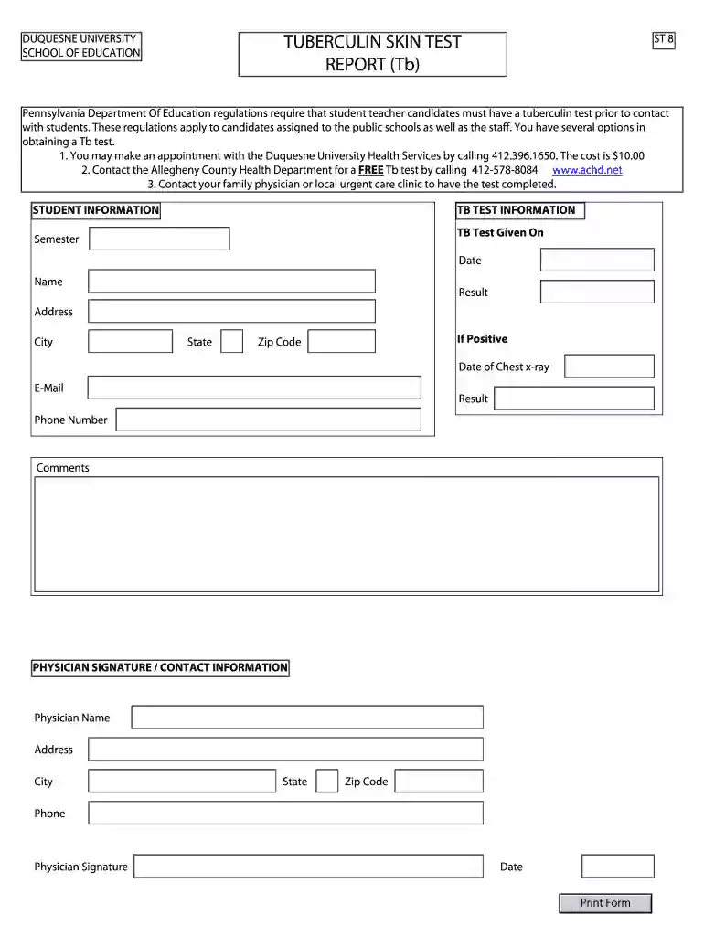 free printable tb test form Preview on Page 1