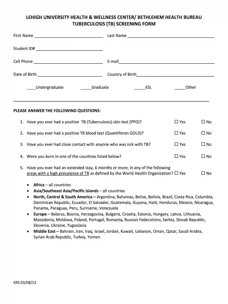 printable tb screening form Preview on Page 1