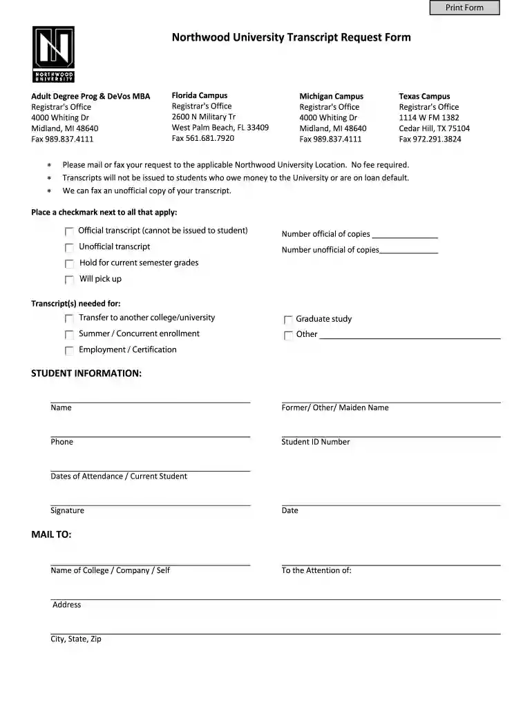 northwood university transcript request Preview on Page 1