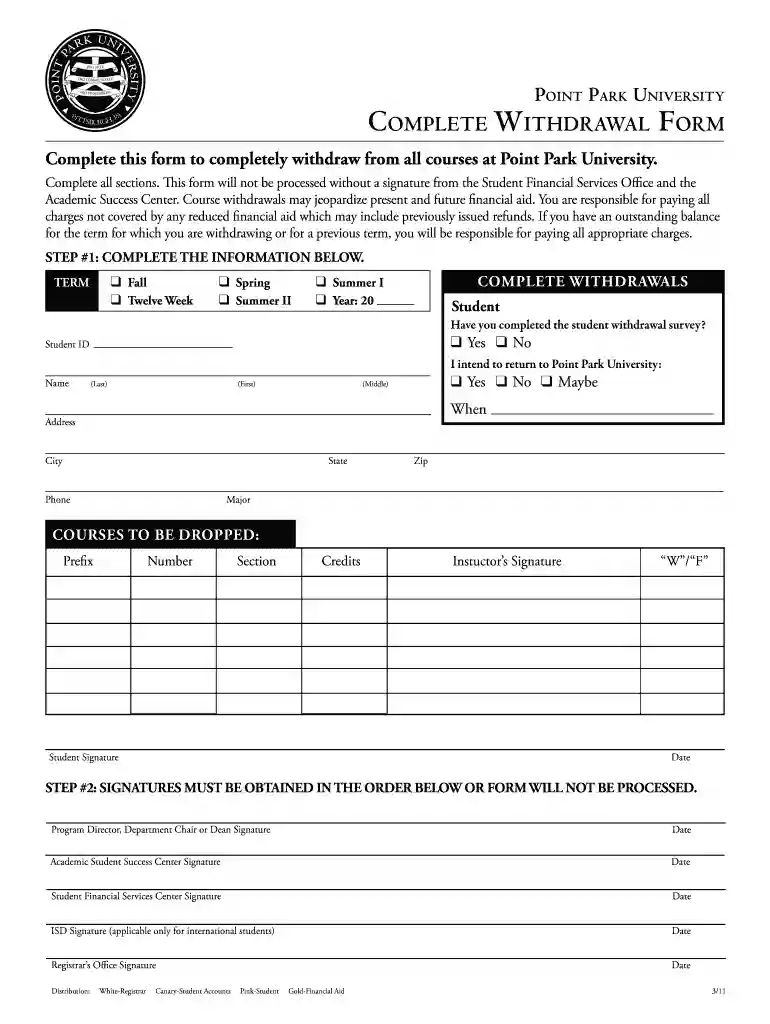 ComPlete WithdraWal Form - Point Park University - pointpark Preview on Page 1