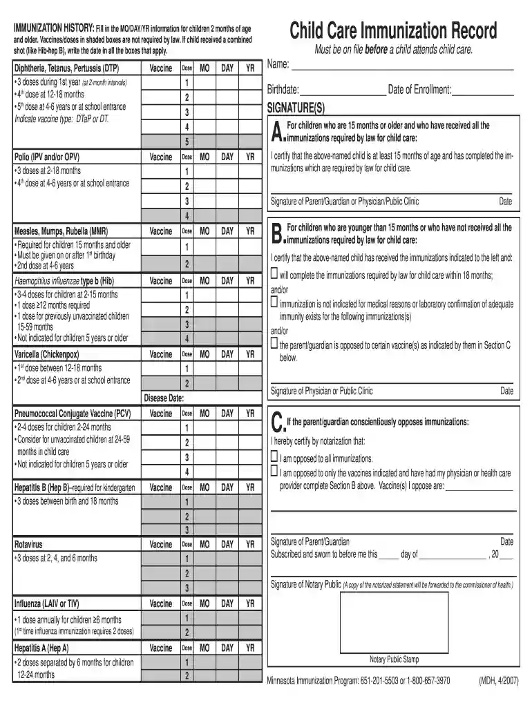 immunization form for daycare Preview on Page 1