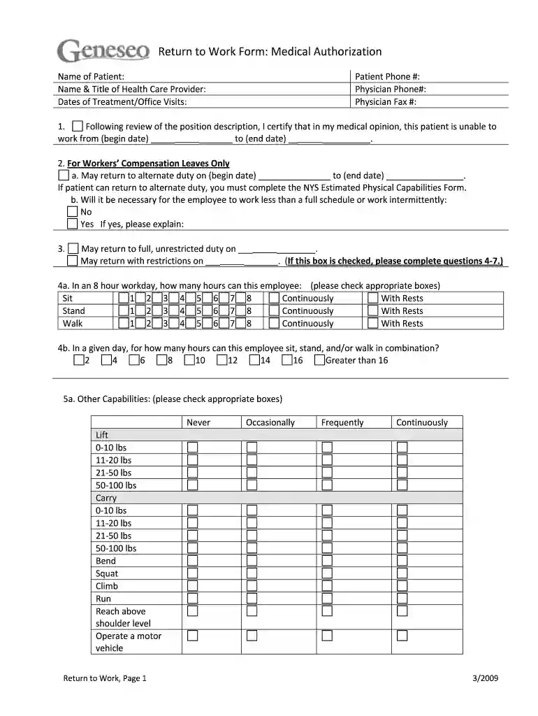free return to work form template Preview on Page 1