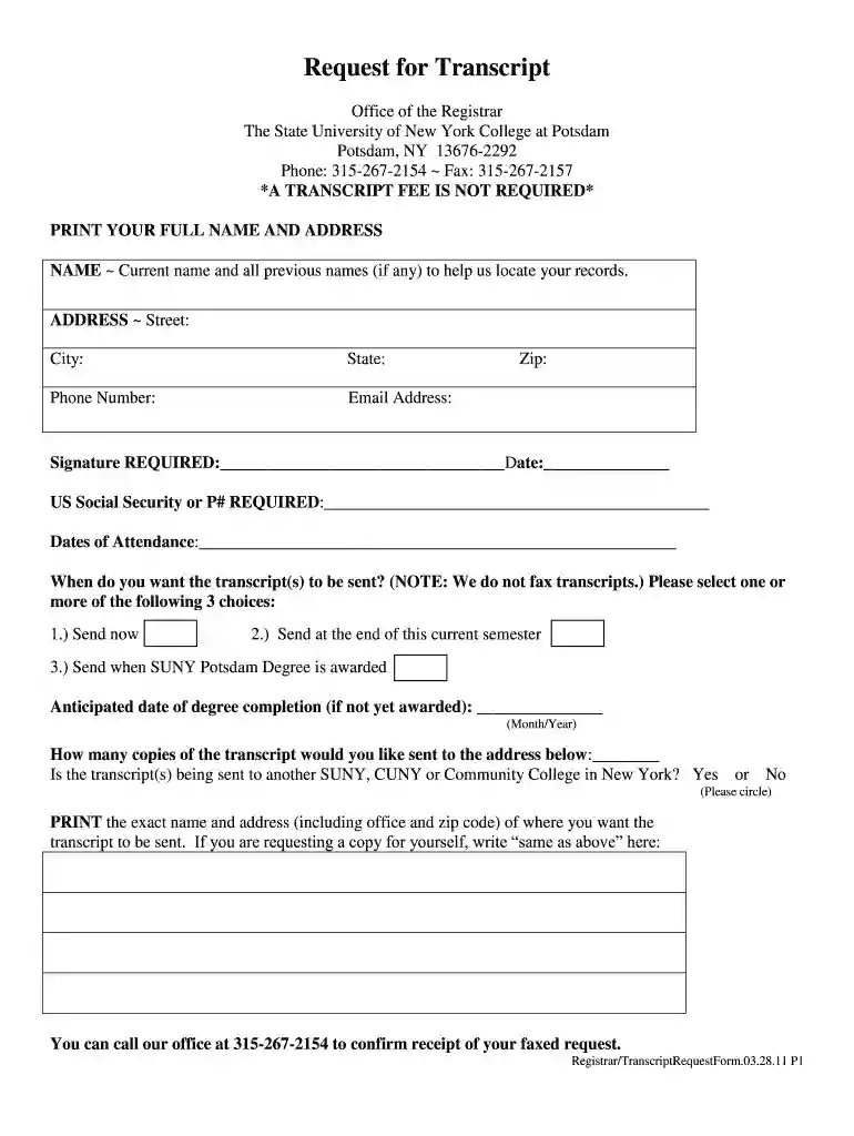 suny potsdam transcript request 2011 form Preview on Page 1