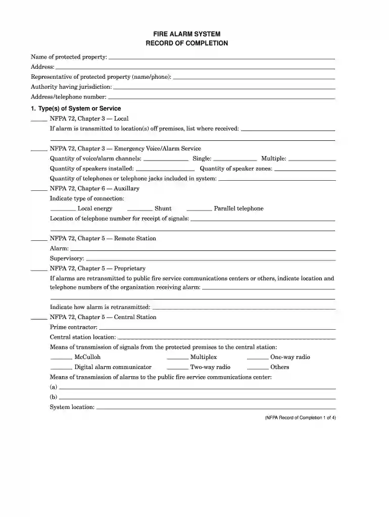 nfpa 72 record of completion fillable form Preview on Page 1