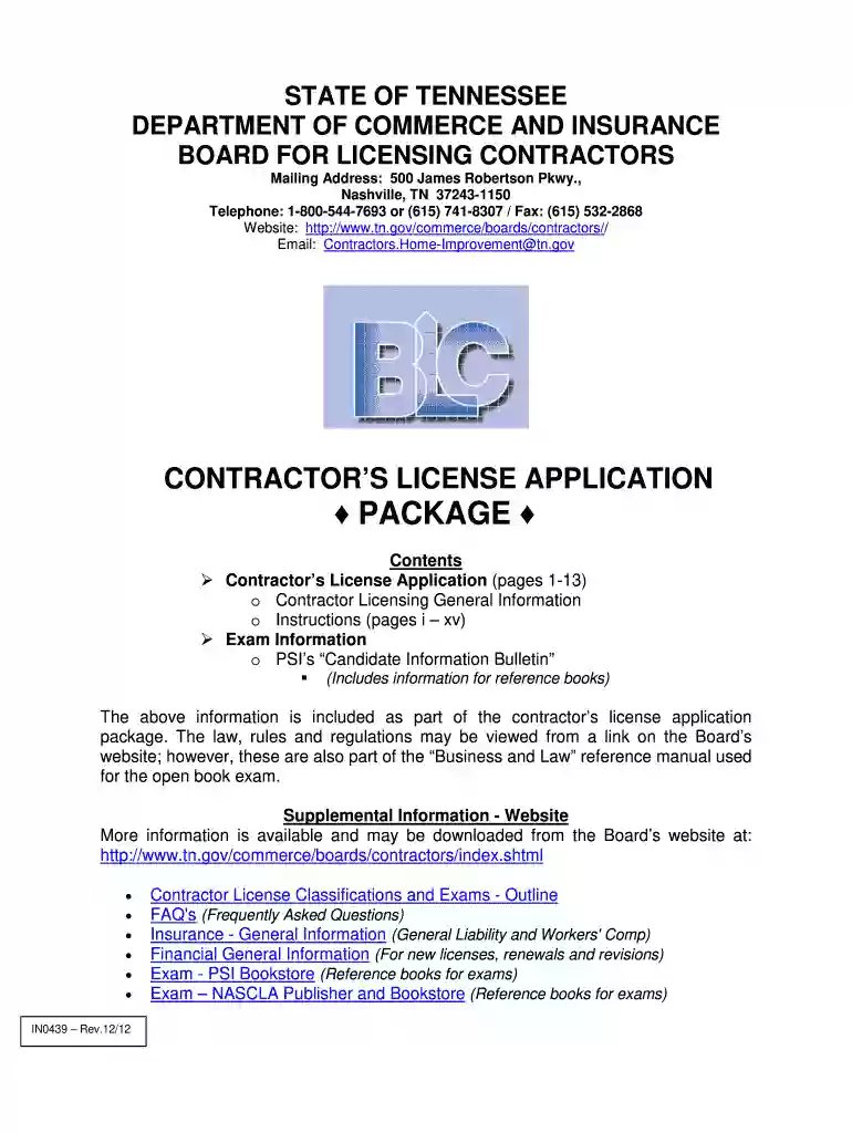 tennessee contractors license application Preview on Page 1