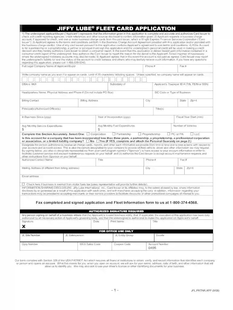 jiffy lube jfl application Preview on Page 1
