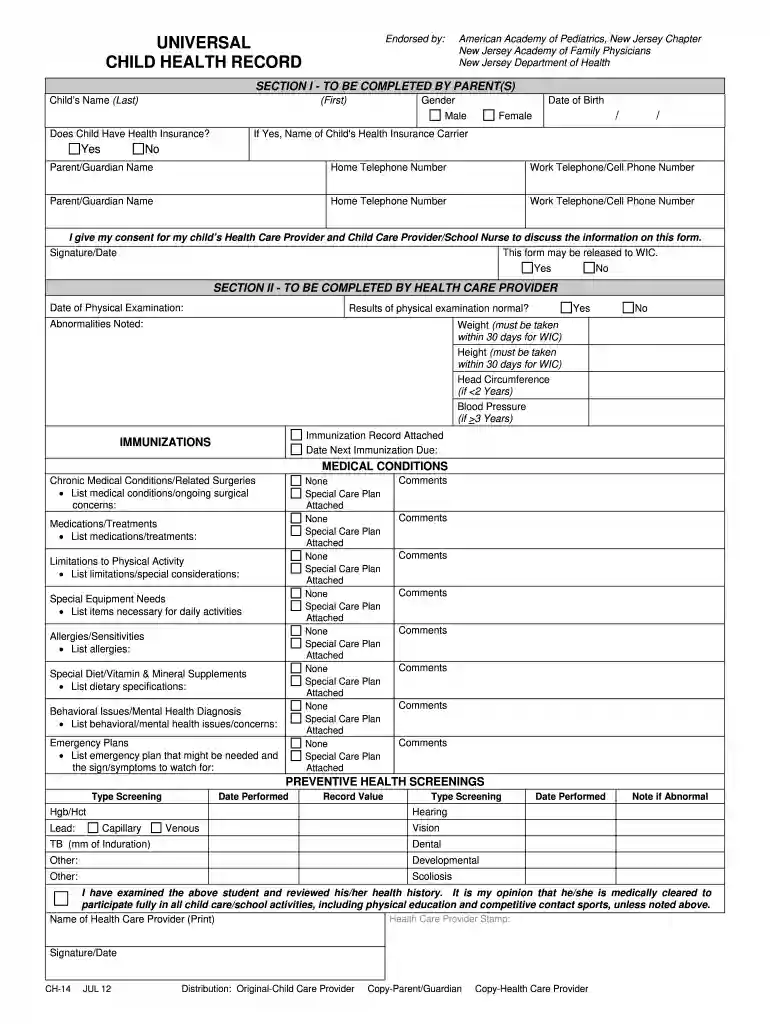 nj universal health form Preview on Page 1