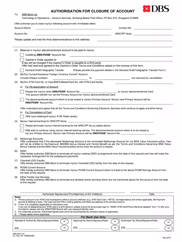 dbs account closure form Preview on Page 1