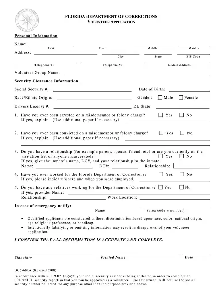 florida dept of corr form # dc5 601a Preview on Page 1