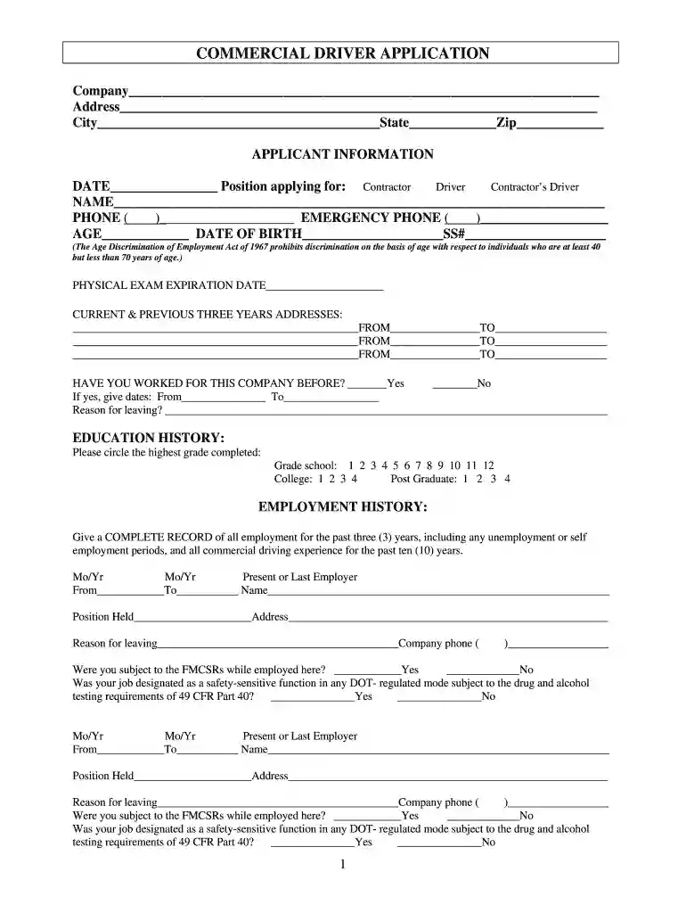 commercial driver form pdf Preview on Page 1