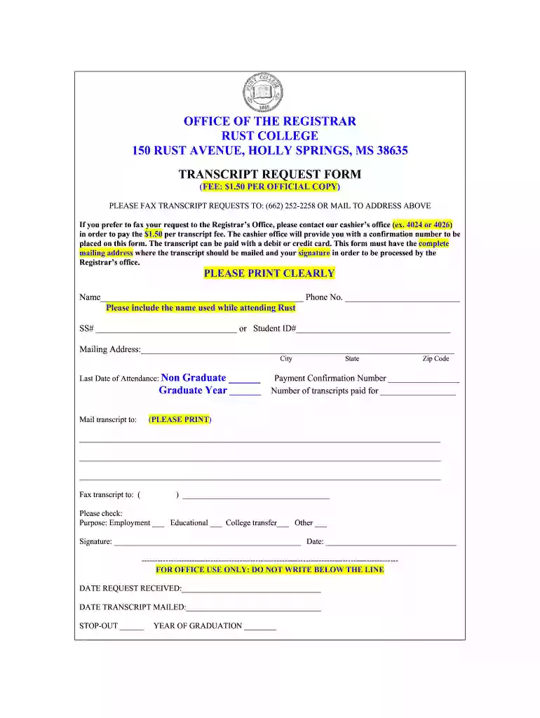 rust college transcript request Preview on Page 1