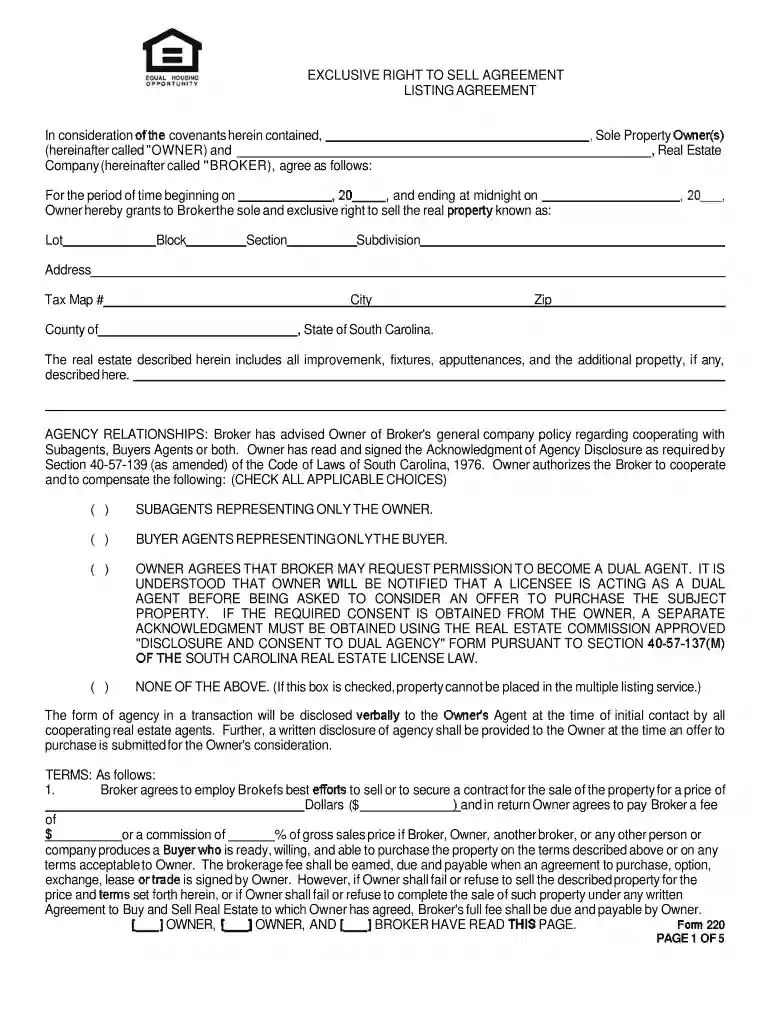 guide to filling out sc real estate listing agreement 2003 form Preview on Page 1