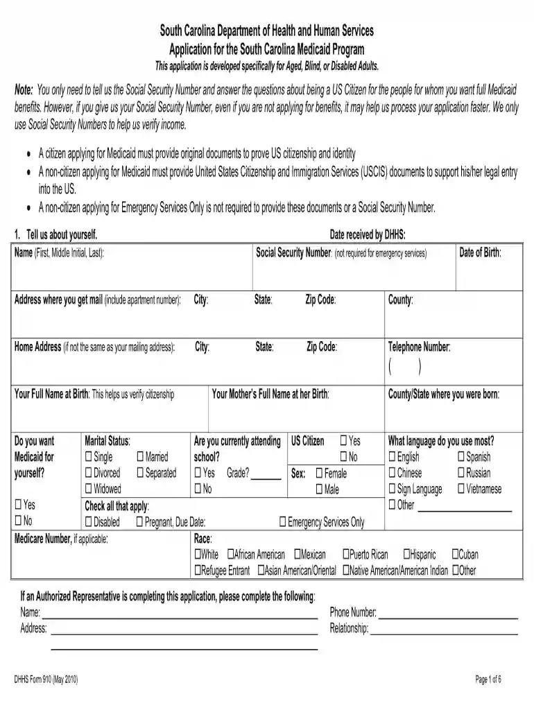910b form medicaid sc Preview on Page 1