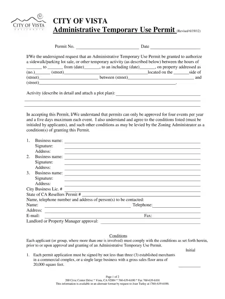 CITY OF VISTA Administrative Temporary Use Permit (Revised 6/19 ... Preview on Page 1