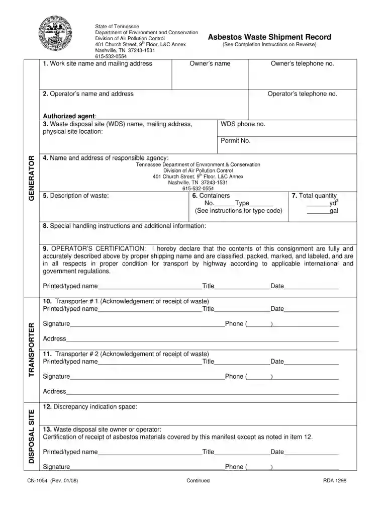 tennessee asbestos waste shipment record form Preview on Page 1