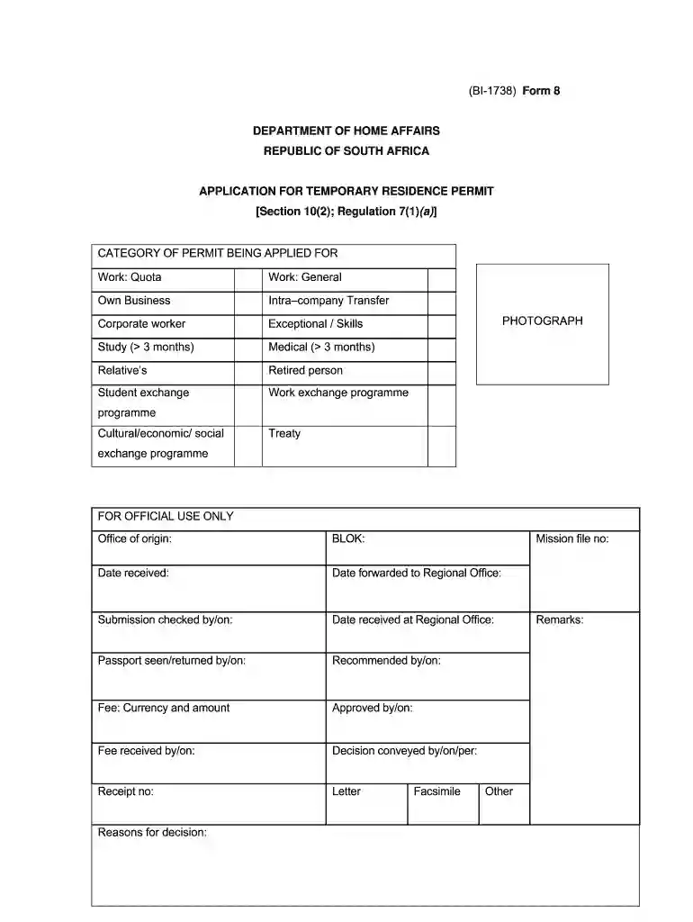 south africa work permit form Preview on Page 1