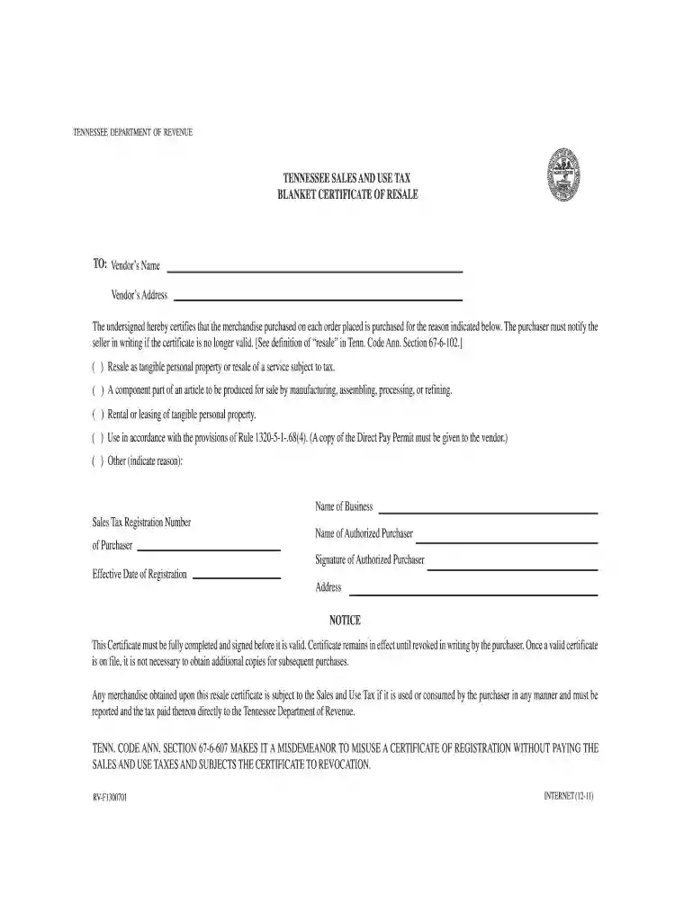 tennessee resale certificate Preview on Page 1