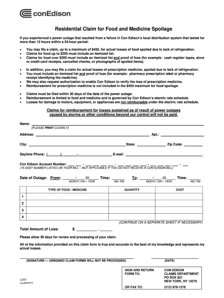 residential claim for food and medicine spoilage 2007 form Preview on Page 1