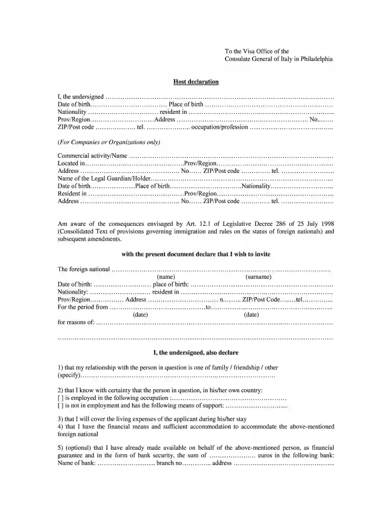 host declaration form italy Preview on Page 1