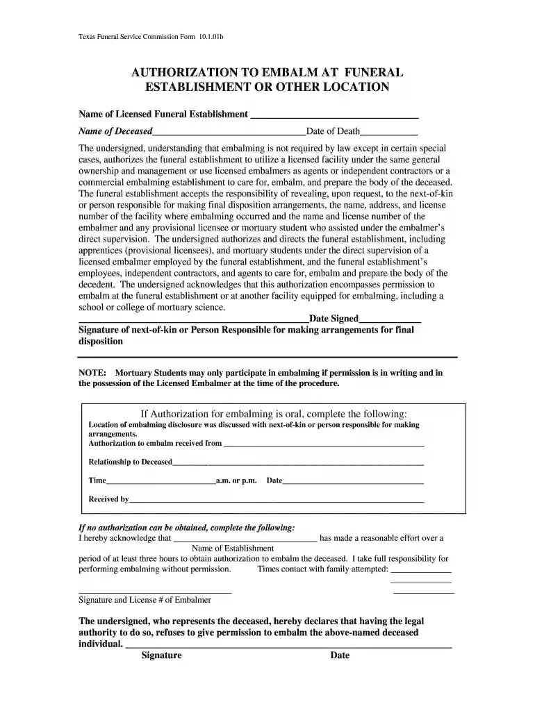 embalming authorization form Preview on Page 1