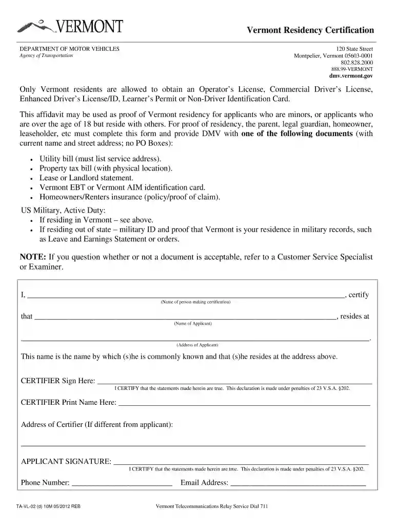 vermont residency certification Preview on Page 1