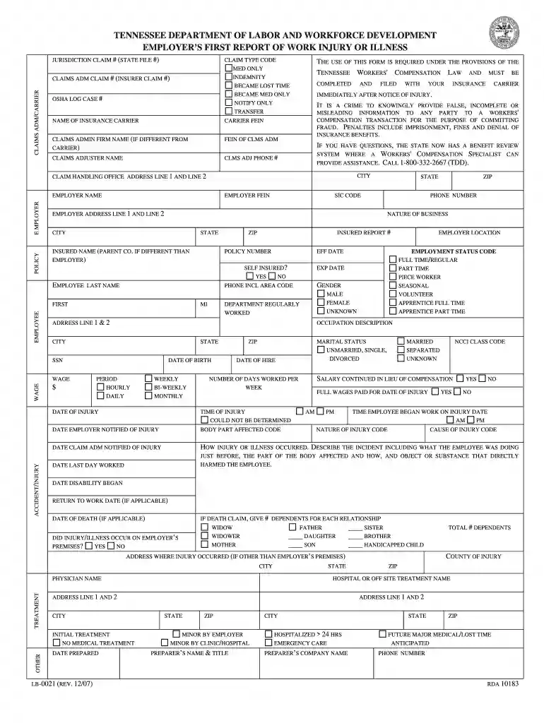 tennessee first report of injury form Preview on Page 1