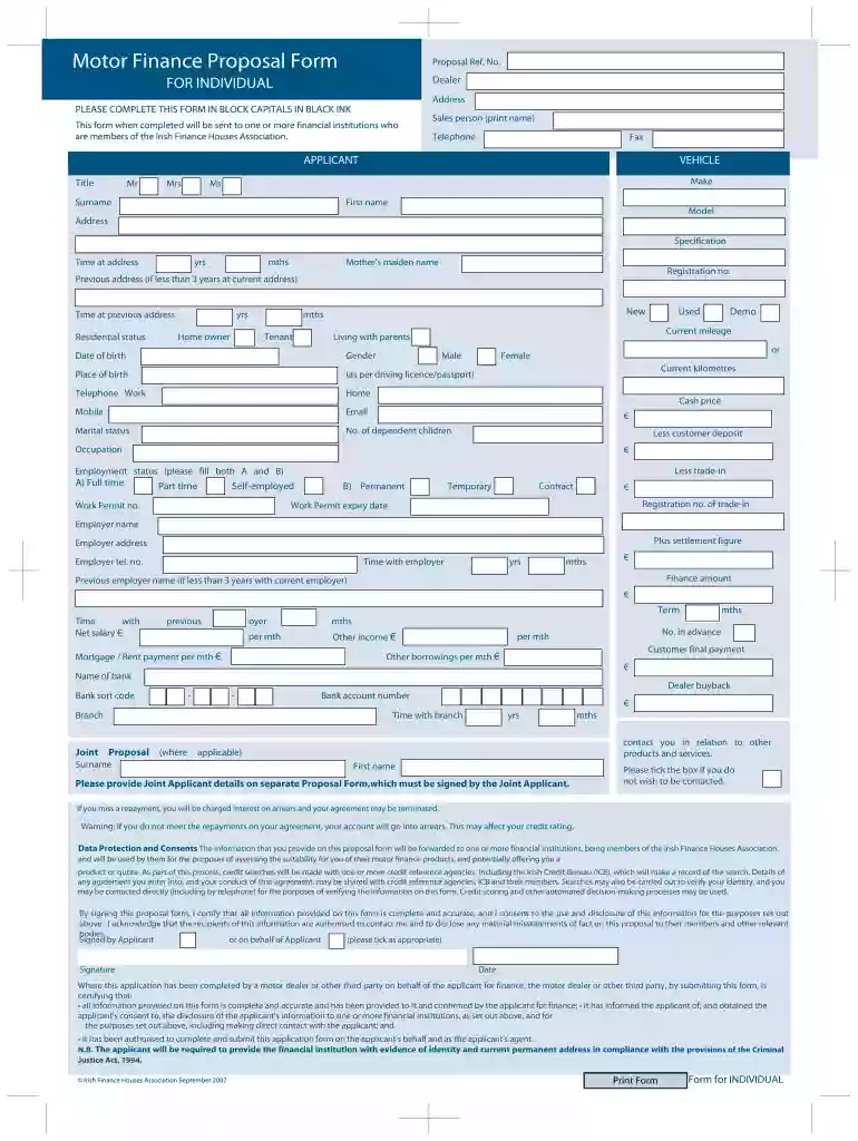 car finance proposal form Preview on Page 1